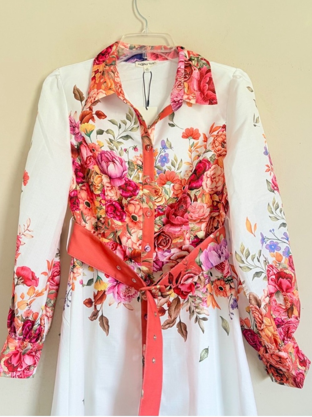 Avara Mainstrip Floral Belted Maxi Shirt Dress White Pink Orange Medium NWT - Picture 7 of 11